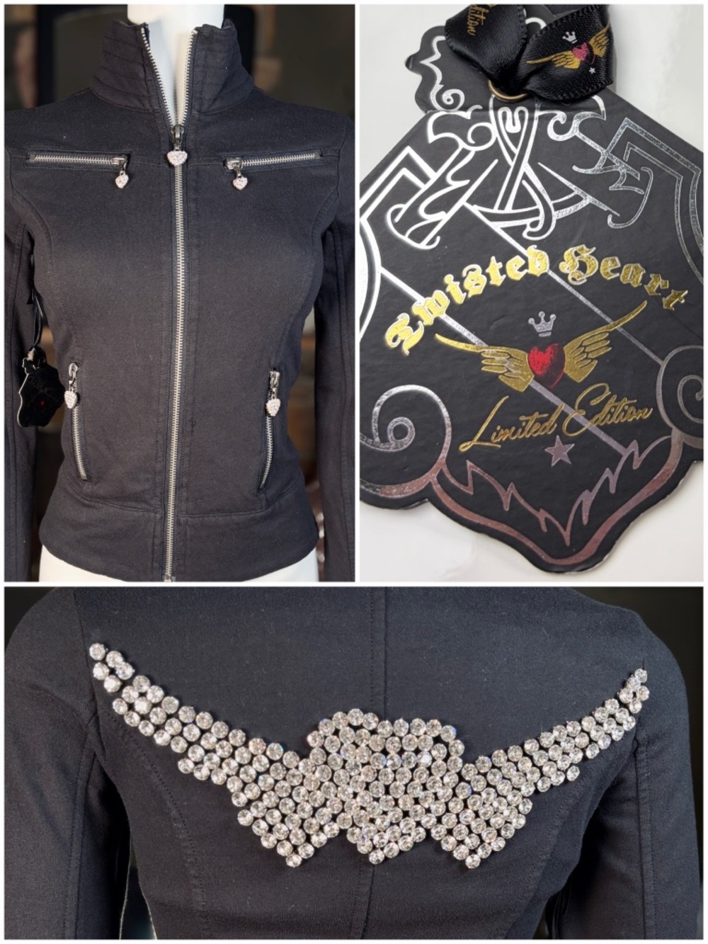 Twisted Heart Black Cotton Moto-Style Jacket w/ Rhinestone Winged Heart, Sz S